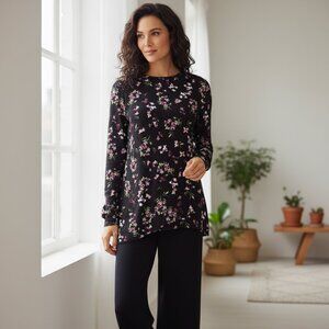 J. Jill Floral Tunic Top Medium Petite MP Black Crepe Asymmetrical Long Sleeve